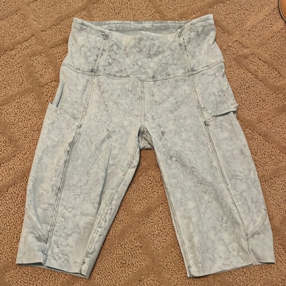 Lululemon bike shorts. Light blue with speckles.